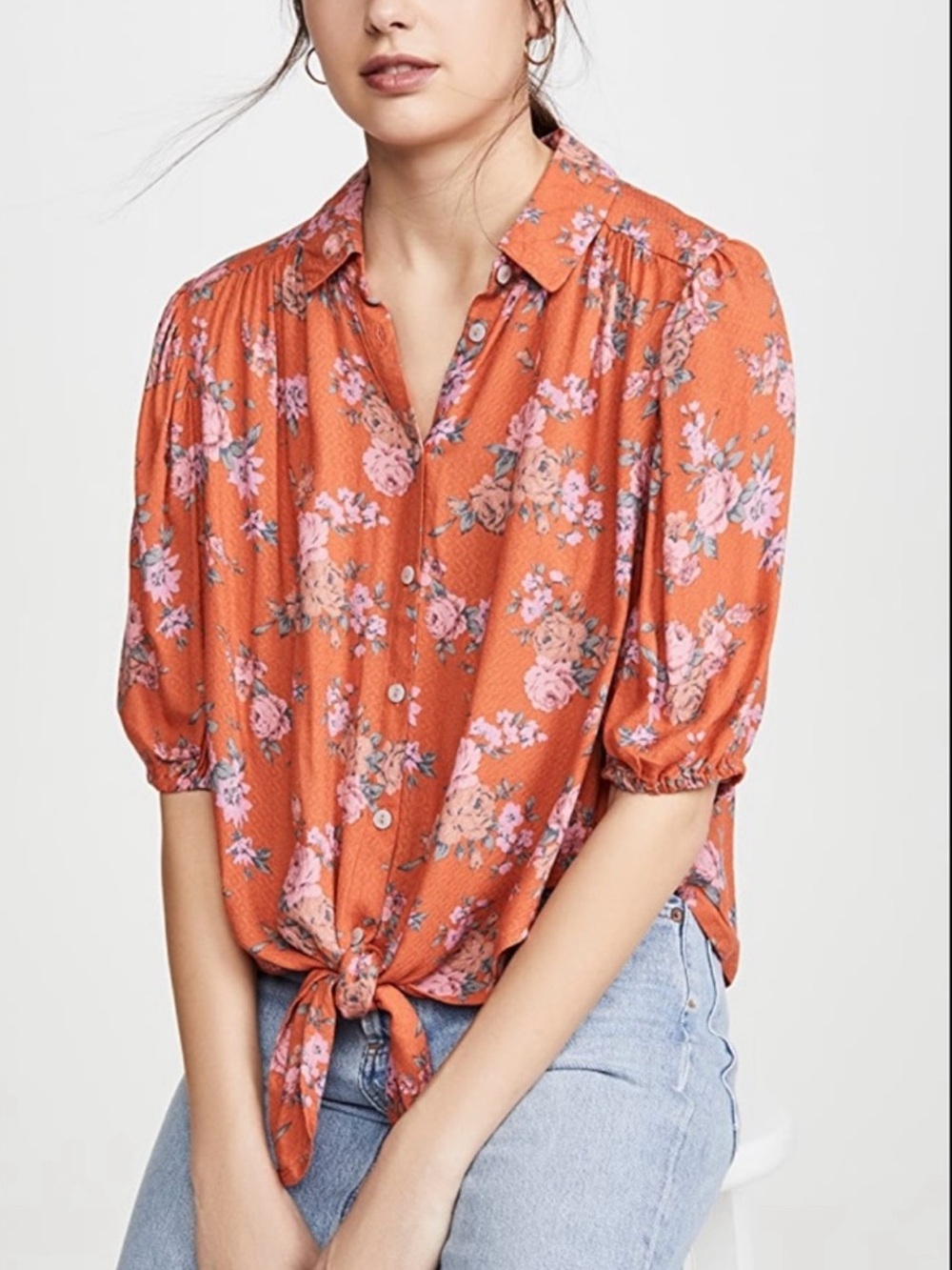Free People Celia Floral Print Tie Front Blouse Size Small